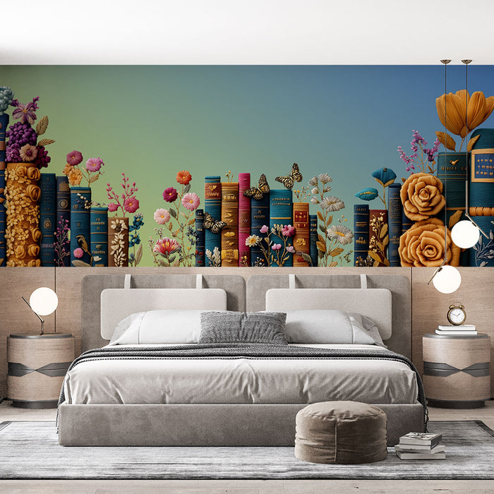 Papier peint livres et fleurs | Design floral et littéraire