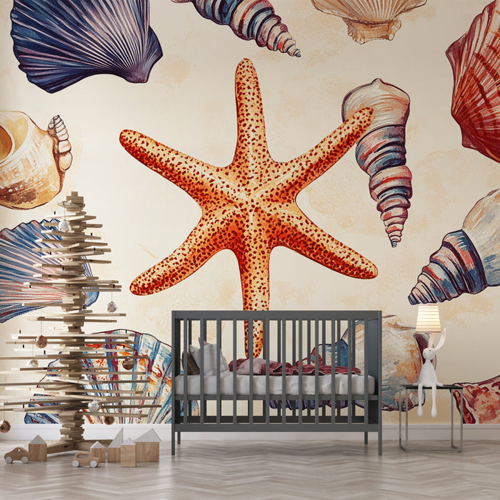 Papier peint coquillages | Design Marin et Étoiles de Mer