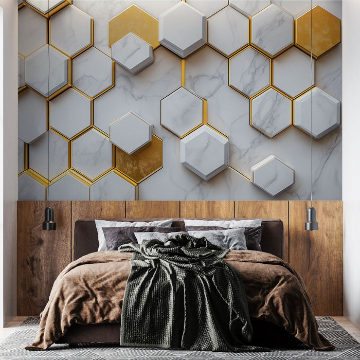 Papier peint hexagonal 3D avec motifs marbre et doré pour chambre moderne et élégante