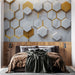 Papier peint hexagonal 3D avec motifs marbre et doré pour chambre moderne et élégante