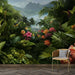 Papier peint jungle exotique avec fleurs tropicales et montagnes pour salon moderne