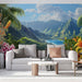 Papier peint panoramique exotique avec paysage tropical et montagnes pour salon moderne