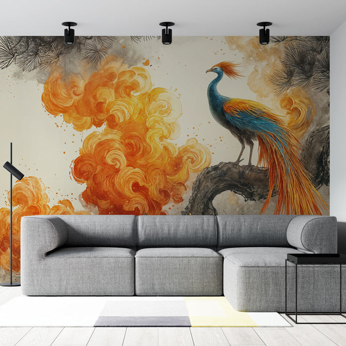 Papier peint oiseau de feu | Illustration artistique et élégante