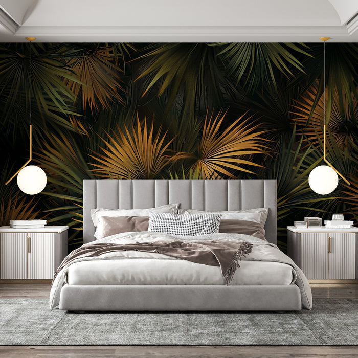 Papier peint feuillage tropical | Design sombre et doré