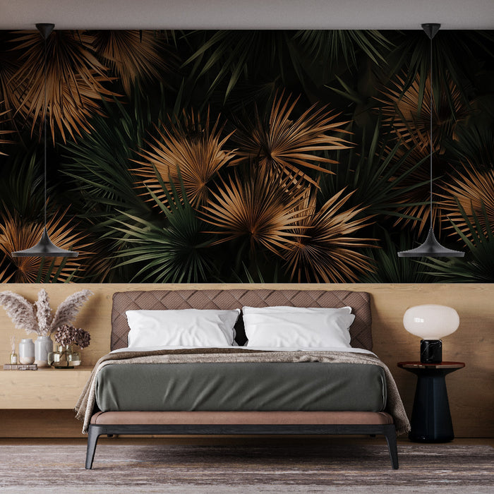 Papier peint tropical | Feuillage exotique en noir et or