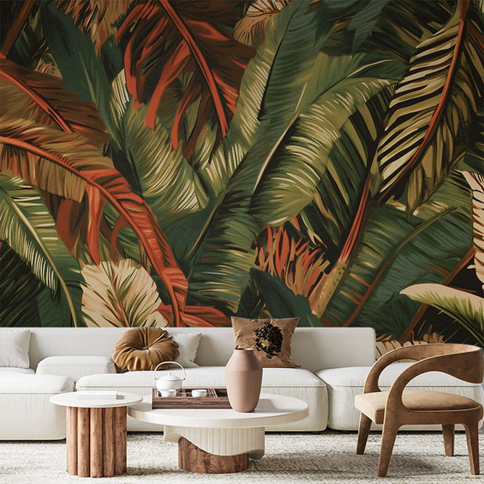 Papier peint tropical | Feuillage luxuriant vert et rouge