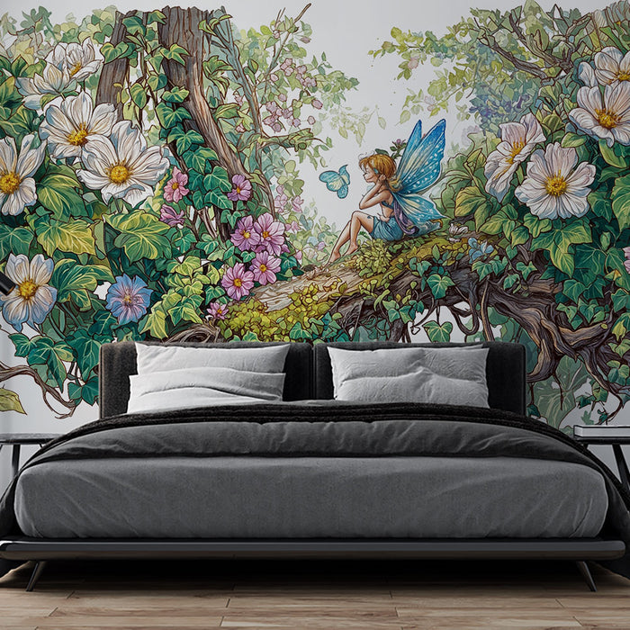 Papier peint féérique | Forêt enchantée avec fée et fleurs