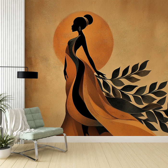 Papier peint femme élégante | Silhouette et feuillage