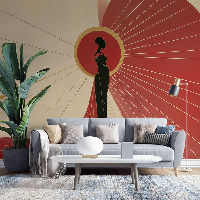 Papier peint Art déco | Silhouette élégante et rayons dorés