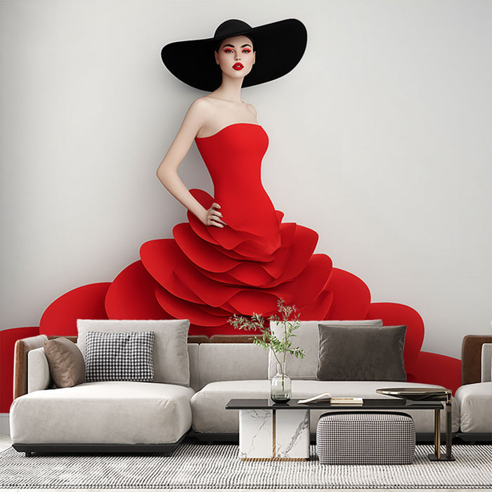Papier peint glamour | Robe rouge et chapeau noir