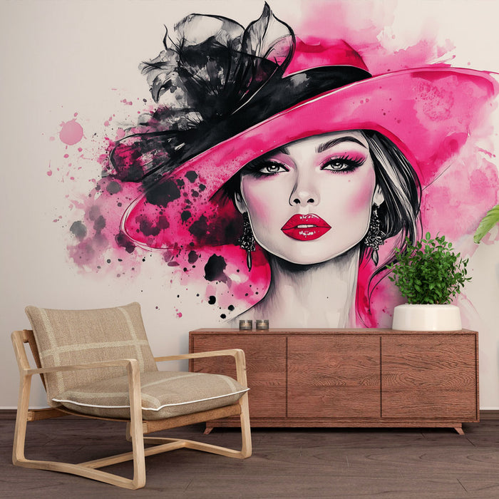 Papier peint femme élégante | Illustration artistique avec chapeau rose