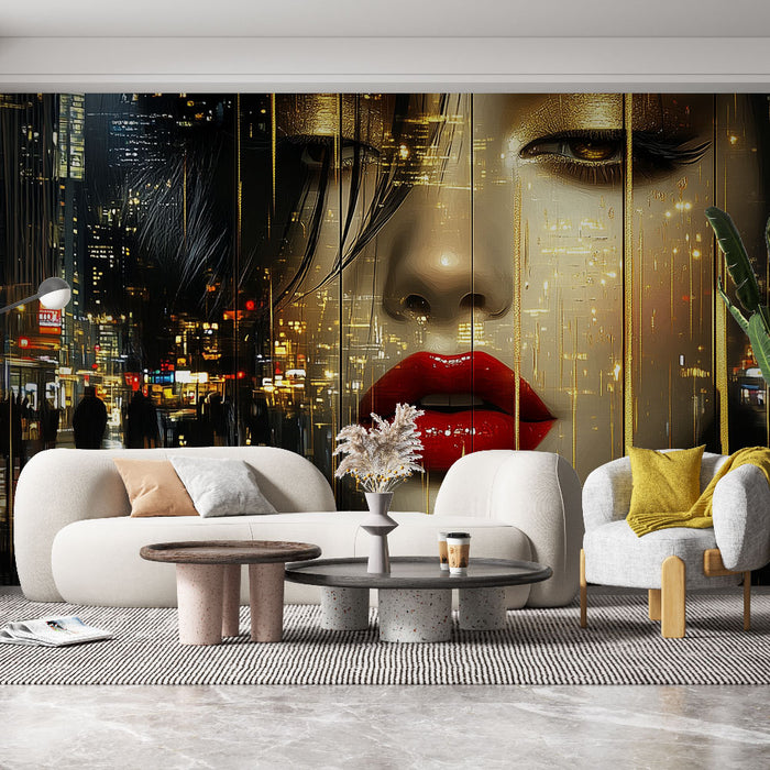 Papier peint urbain glamour | Visage artistique et ville lumineuse