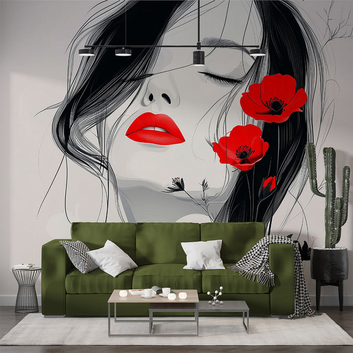 Papier peint visage féminin | Elégance et coquelicots rouges