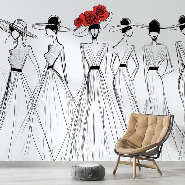 Papier peint mode | Élegance en noir et blanc avec touches de rouge