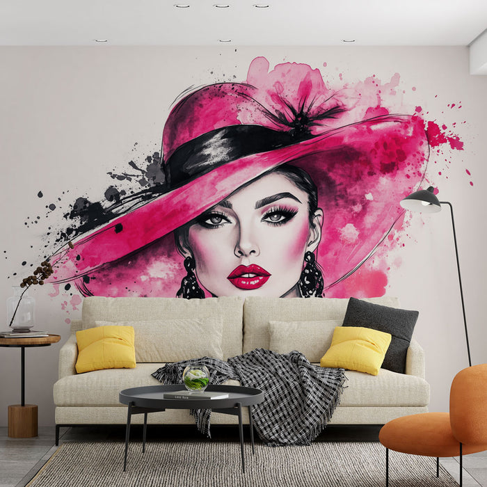 Papier peint artistique avec portrait de femme en chapeau rose pour salon moderne et élégant