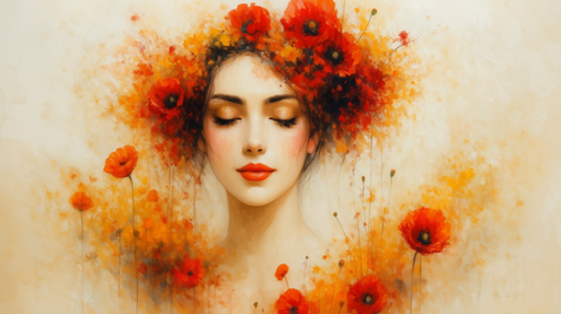 Papier peint floral bohème Visage féminin et coquelicots