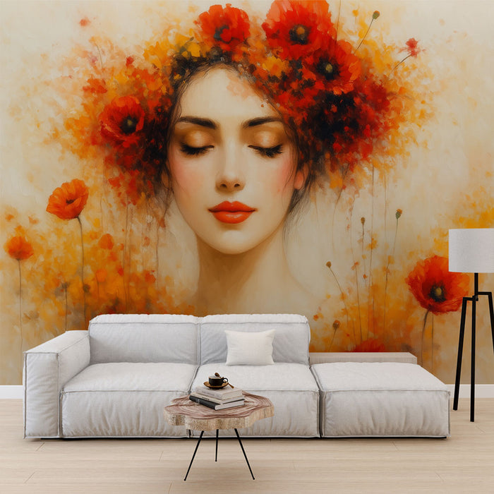 Papier peint floral bohème | Visage féminin et coquelicots
