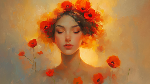 Papier peint art floral Portrait féminin avec coquelicots