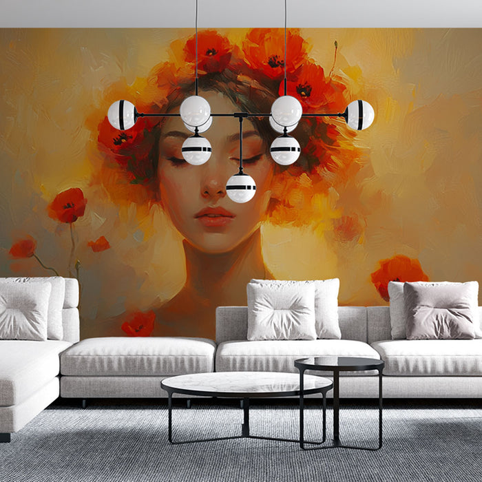 Papier peint art floral | Portrait féminin avec coquelicots