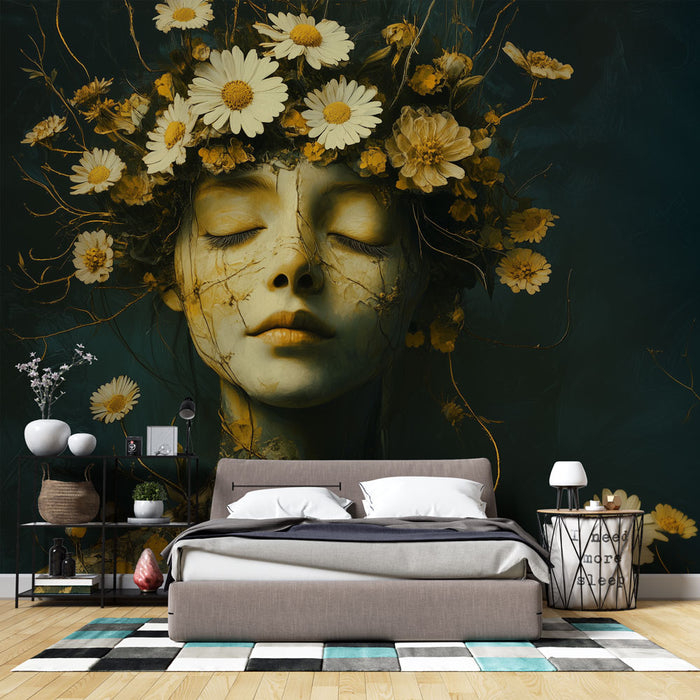 Papier peint artistique avec visage féminin et fleurs jaunes pour chambre moderne