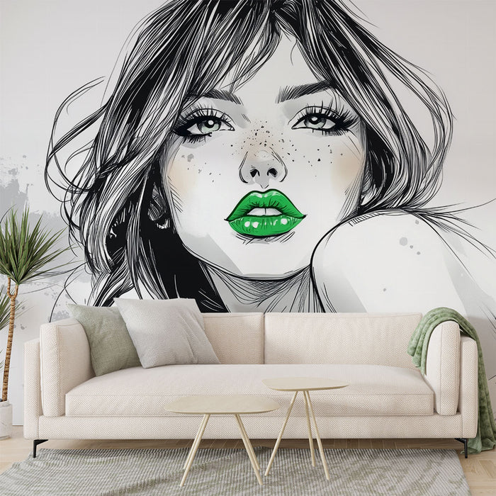 Papier peint artistique | Visage avec lèvres vertes
