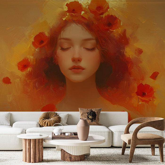 Papier peint floral harmonieux | Portrait féminin avec coquelicots