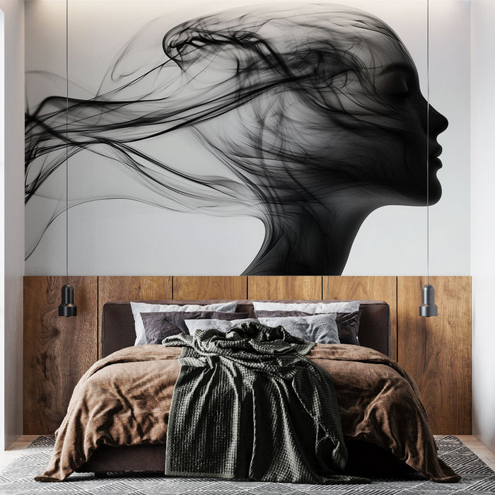 Papier peint artistique noir et blanc avec silhouette féminine pour chambre moderne et élégante