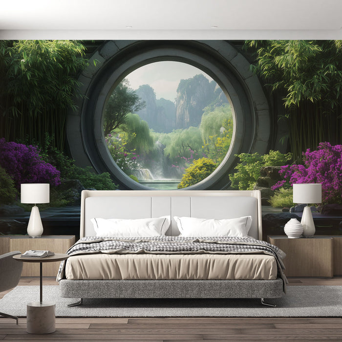 Papier peint panoramique paysage japonais avec bambous et fleurs pour chambre moderne