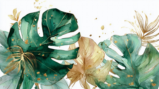 Papier peint tropical Feuilles vertes et or