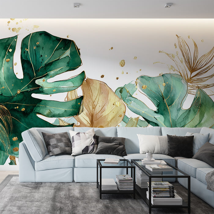 Papier peint tropical | Feuilles vertes et or