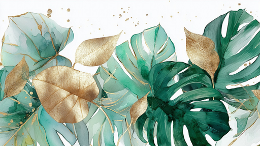 Papier peint tropical Feuilles vertes et dorées