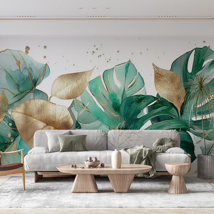 Papier peint tropical | Feuilles vertes et dorées