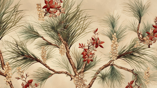 Papier peint floral Motif botaniques avec branches et fleurs rouges