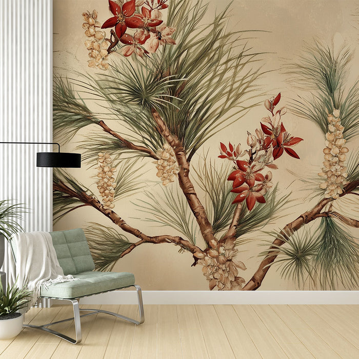 Papier peint floral | Motif botaniques avec branches et fleurs rouges