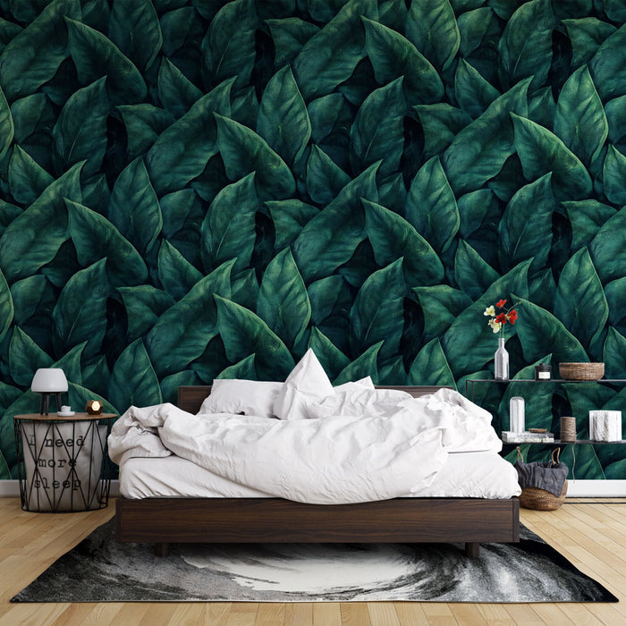 Papier peint feuillage | Style tropical vert foncé