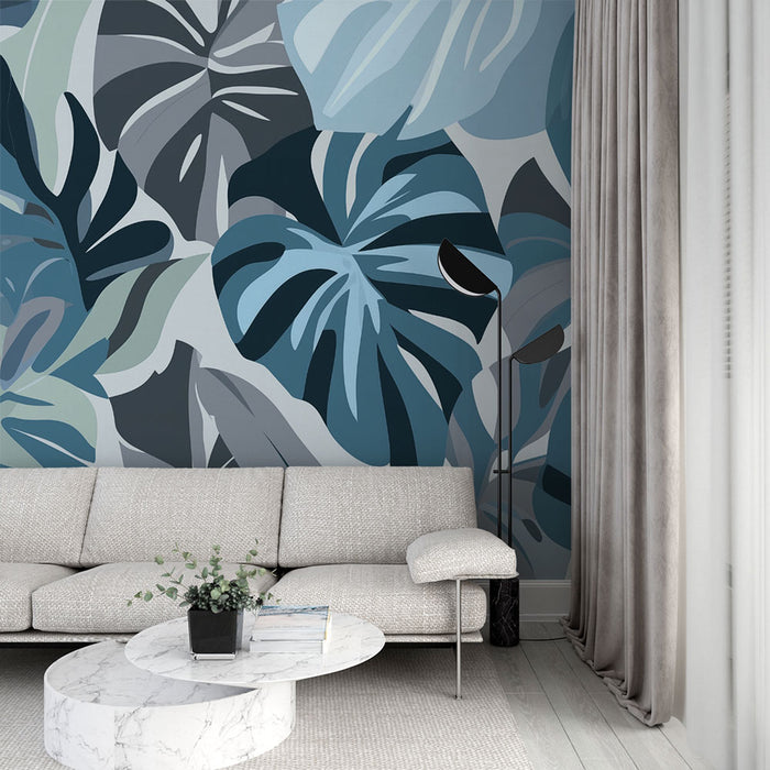 Papier peint tropical | Feuilles bleues et grises
