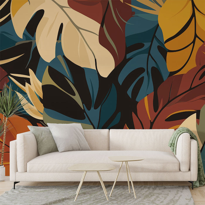 Papier peint tropical | Feuilles multicolores audacieuses