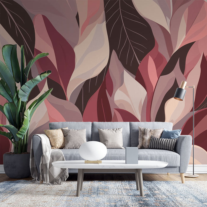 Papier peint floral | Composition Feuillue Rose et Beige