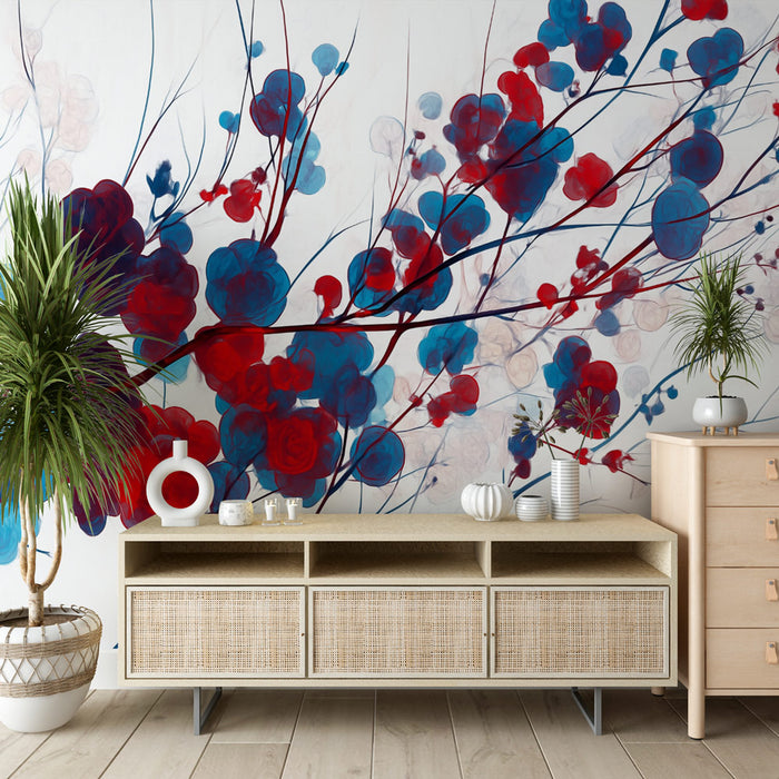 Papier peint floral | Bleu et Rouge Art Abstrait