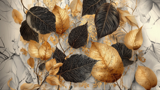 Papier peint feuilles dorées et noires Élégance naturelle