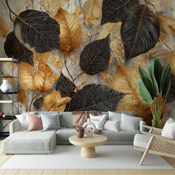Papier peint feuilles dorées et noires | Élégance naturelle