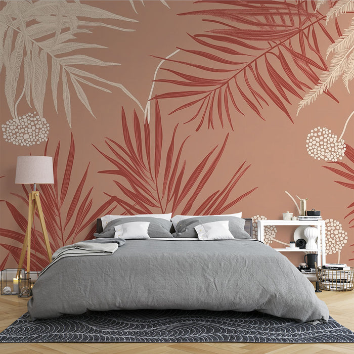 Papier peint tropical | Motif feuillage rouge et beige