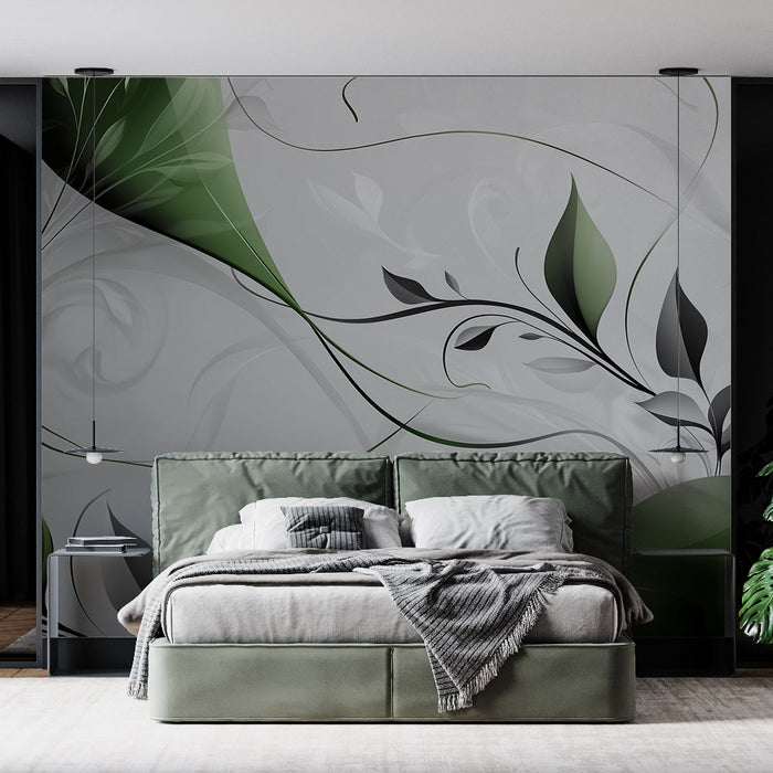 Papier peint floral moderne | Design élégant vert et gris