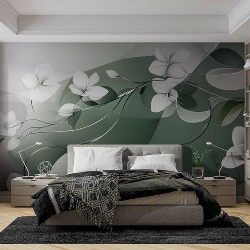 Papier peint mural vert avec motifs floraux modernes pour chambre à coucher élégante