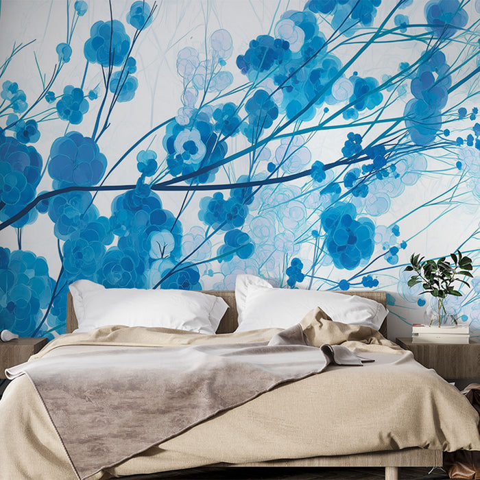 Papier peint floral | Éclat de bleus sur fond blanc