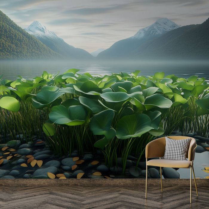 Papier peint paysage lacustre | Nature sereine avec montagnes enneigées et feuillage luxuriant