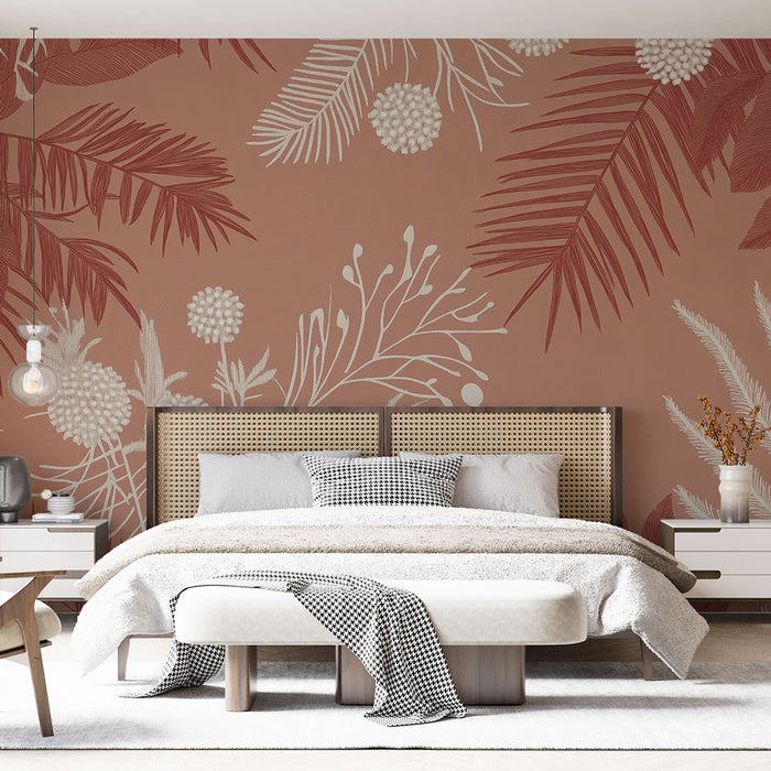 Papier peint botanique | Motif floral terracotta et crème