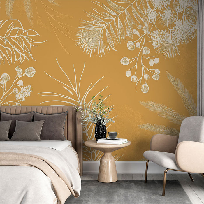 Papier peint botanique | Motif tropical sur fond ocre