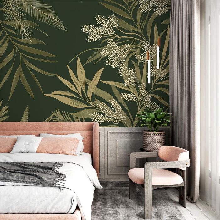 Papier peint feuillage tropical | Élégance verte et dorée