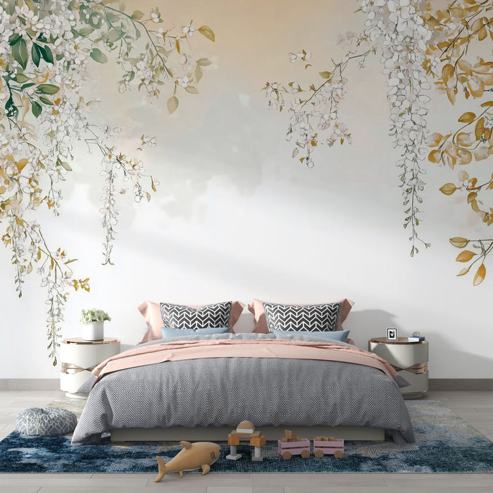 Papier peint floral | Élégance florale en blanc et or